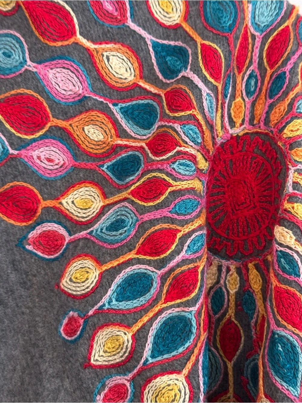 Soft Gray Scarf with Multicolor Sunburst Embroidery patterns like new